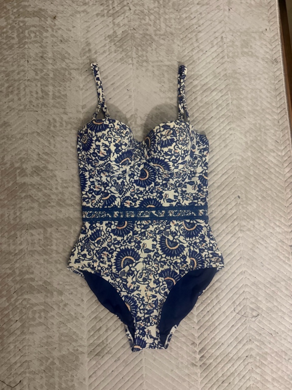 Tory Burch Navy and White Printed One-Piece Swimsuit with Orange Logo
